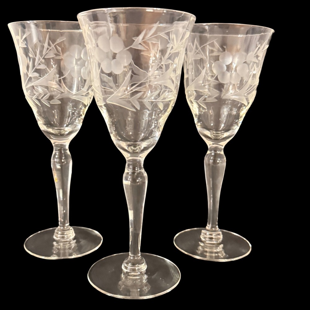 Vintage Gray Cut Floral Wheat Crystal Cordial Aperitif Glasses Set of 3 Clear